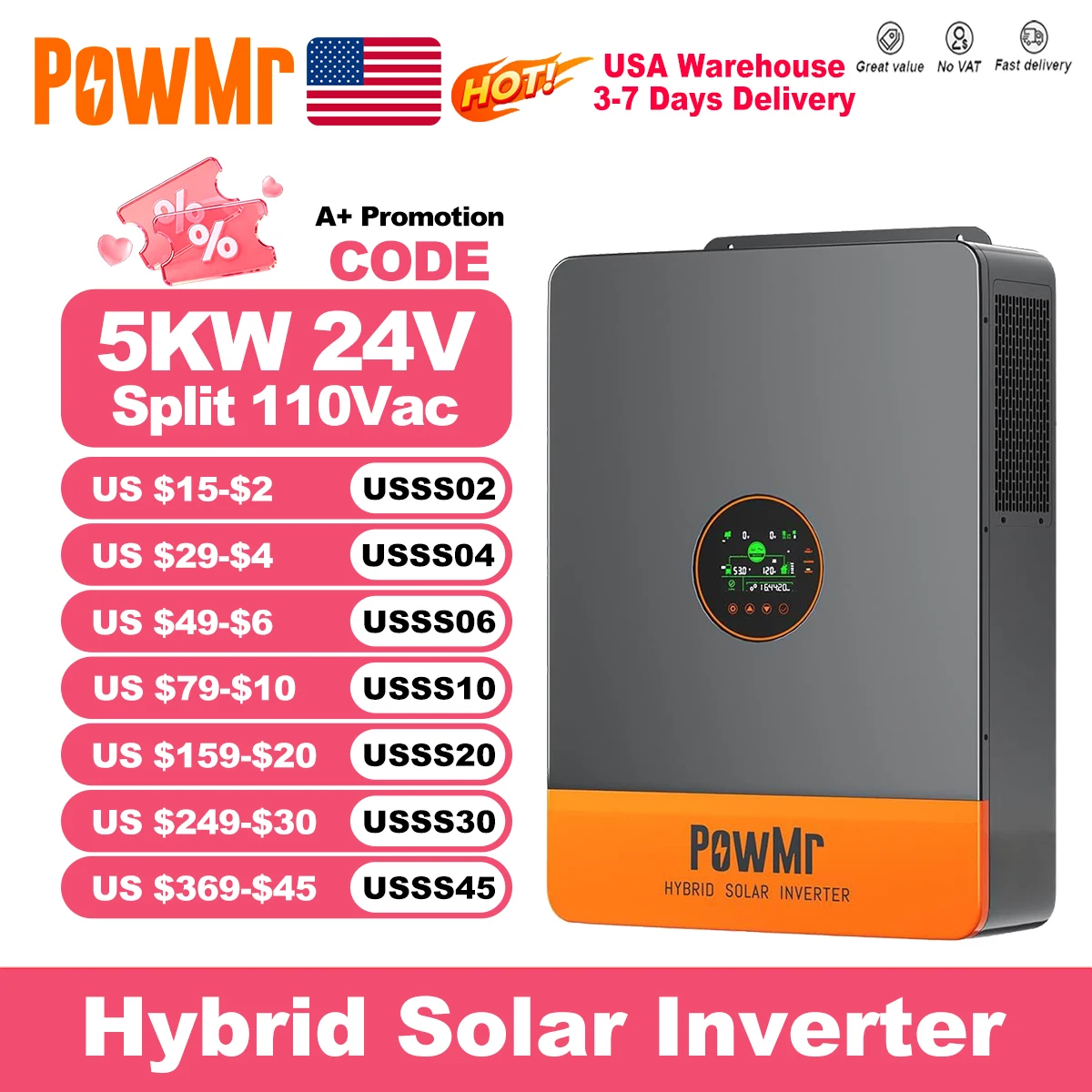 

PowMr США 5000 Вт 48 В 110 В переменного тока Гибридные солнечные инверторы может разделенная фаза 220 В переменного тока при параллельной чистой синусоидальной волне MPPT 100 А PV 500 В постоянного тока