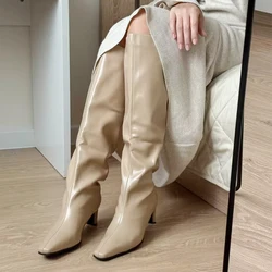 Meotina Women Genuine Leather Knee High Boots Square Toe Thick High Heels Pleated Long Boots Ladies Fashion Shoes Autumn Winter