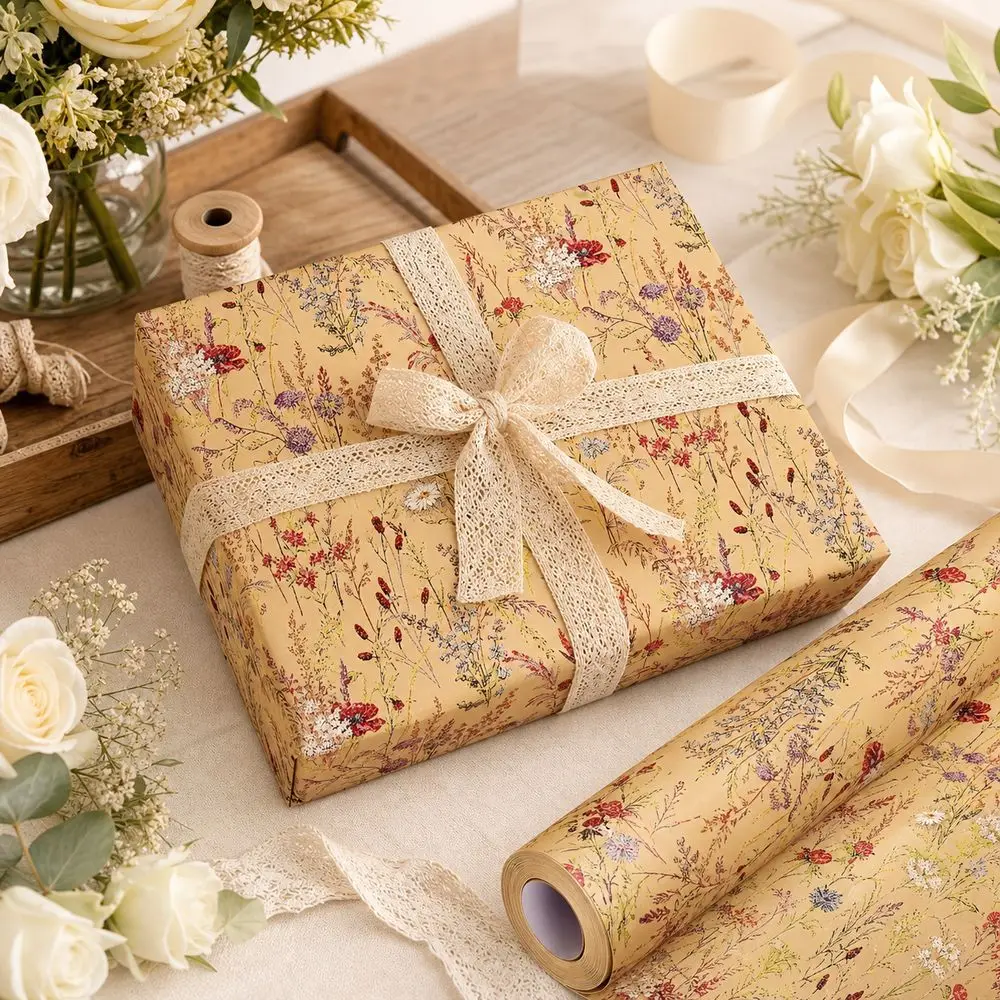 5m/Rolle Blumen-Geschenkpapier im rustikalen Stil, Vintage Botanisches Geschenkpapier, Botanischer Druck, Wildblumen-Geschenkpapier