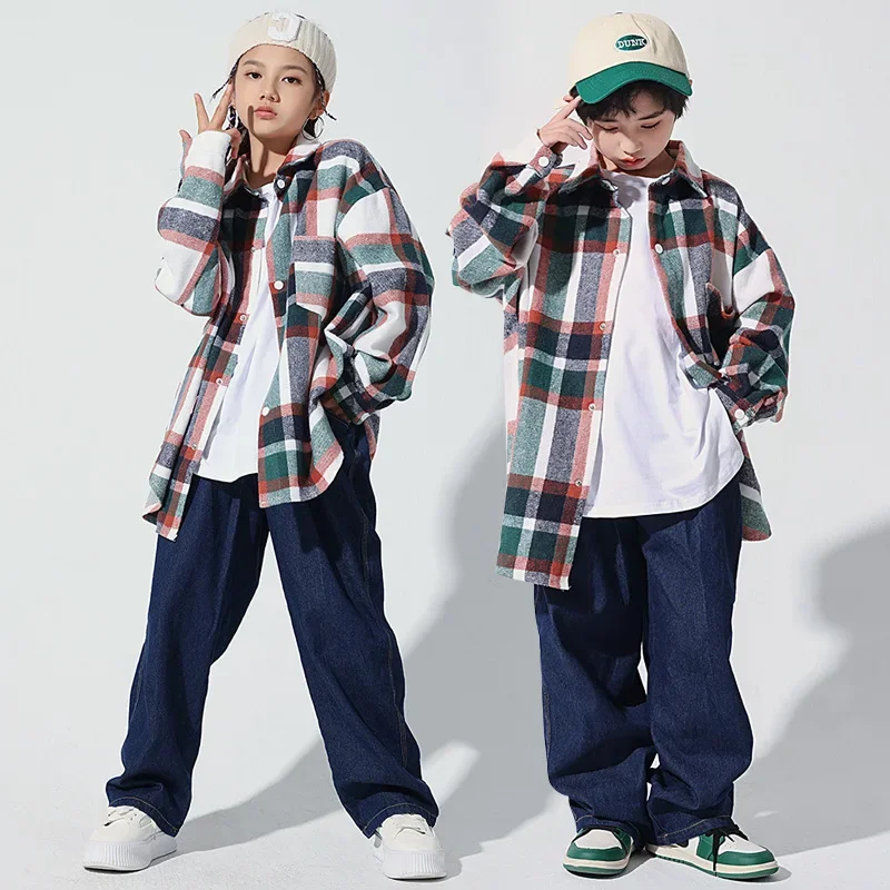 Korean Girl Jazz Dance Suit Autumn Hip-hop Rehearsal Suit KPOP Dance Suit Plaid Shirt White Vest T-shirt 8 10 13 Years Old