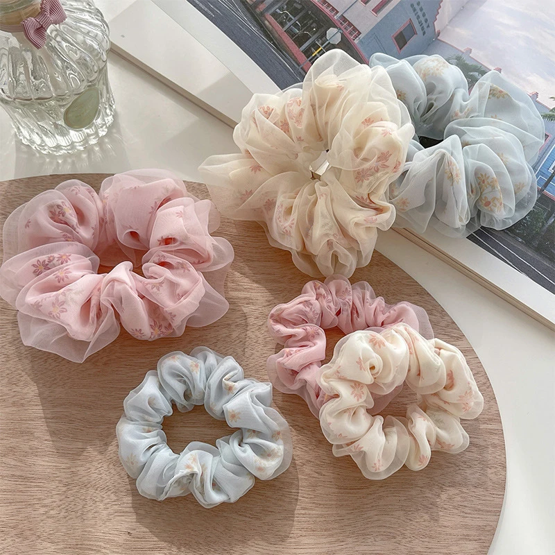 

Hair Scrunchies Fashion Flower Print Double Layer Silk Organza Women Big Hair Rope Retro Ponytail Hair Band Elastic Hair Tie