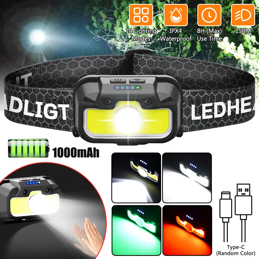 Vastfire Headlamp Bright Head Lamp With White Red Green 14 Modes Adjustable Waterproof Motion Sensor Headlight