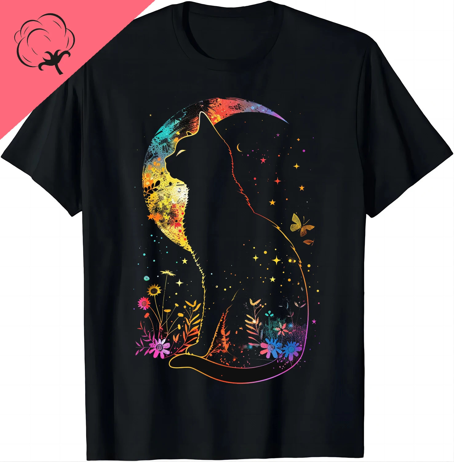 Mystic Cat Garden Tee - Magical Bloom T Shirts  Graphic T Shirts Cotton Women Clothing Tops Aesthetic Clothes Ropa De Mujer