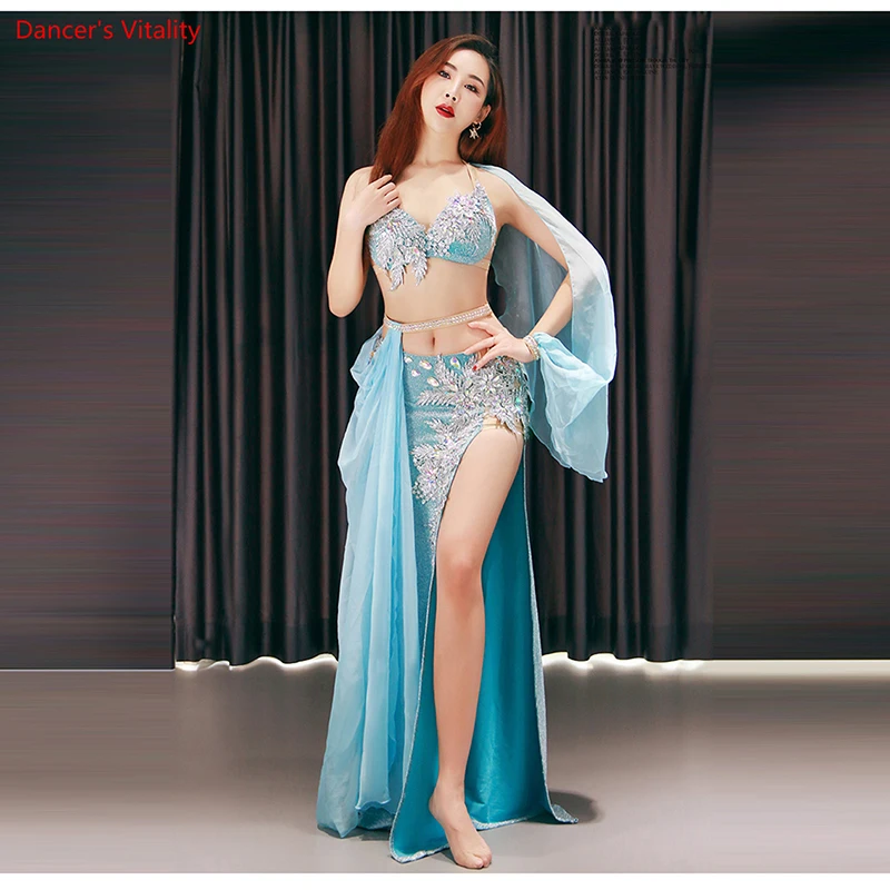 New stage Luxury women Girls Belly Dance Costumes Bra+Long Skirt+belt 3pcs Belly Dance Suit Women Ballroom Dance Set