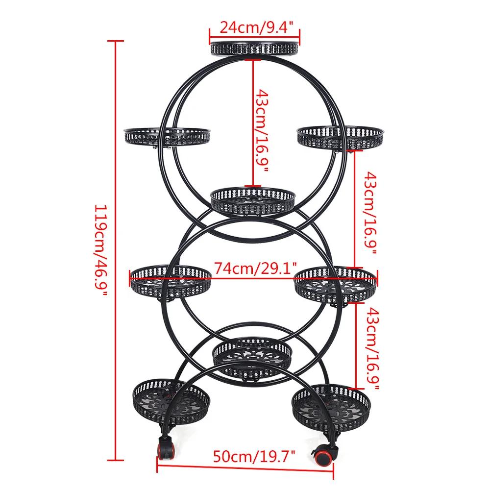 6 Tiers 9 Grids Plant Stand Black Metal Shelf with 4 Wheels for Indoor Outdoor Plants 148 lbs Capacity