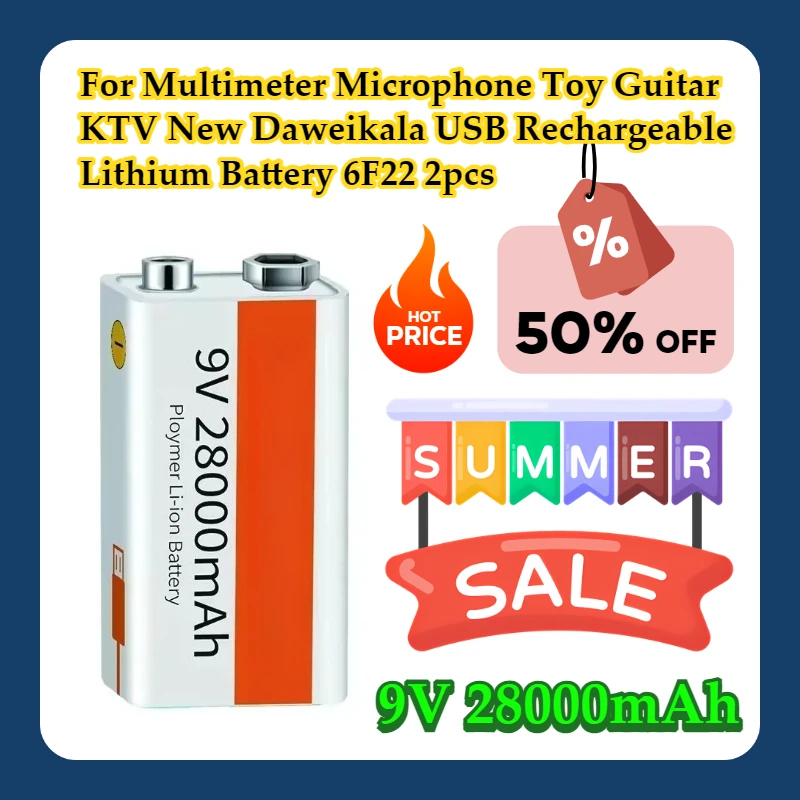 

For Multimeter Microphone Toy Guitar KTV New Daweikala 9V 28000mAh USB Rechargeable Lithium Battery 6F22 2pcs