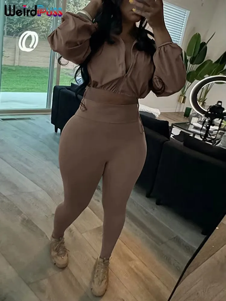 

Weird Puss 2025 Spring Women Tracksuit 2 Piece Set Casual Zip Thin Drawstring Crop Jacket+Leggings Street Sporty Matching Suit