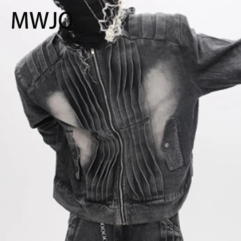 

MWJQ Deconstructive Folding American Denim Sets Niche Design Shoulder Pad Hooded Jacket High Street Male Wide Leg Pants 010219