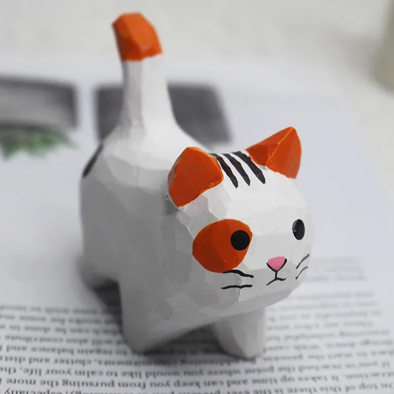 New 2026 Creative Hand Carved Wooden Kitten Ornament Mini Small Animal Sculpture Desktop Wood Cat Decor Home Craft Accessory