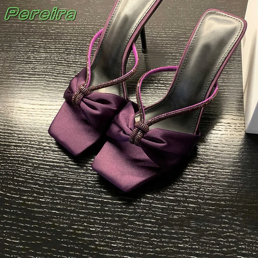 

Purple Satin Rhinestone Sandals Open Toe Women 2024 Slip On Summer New Butterfly Slingbacks Outwear High Heels Fashion Shoes