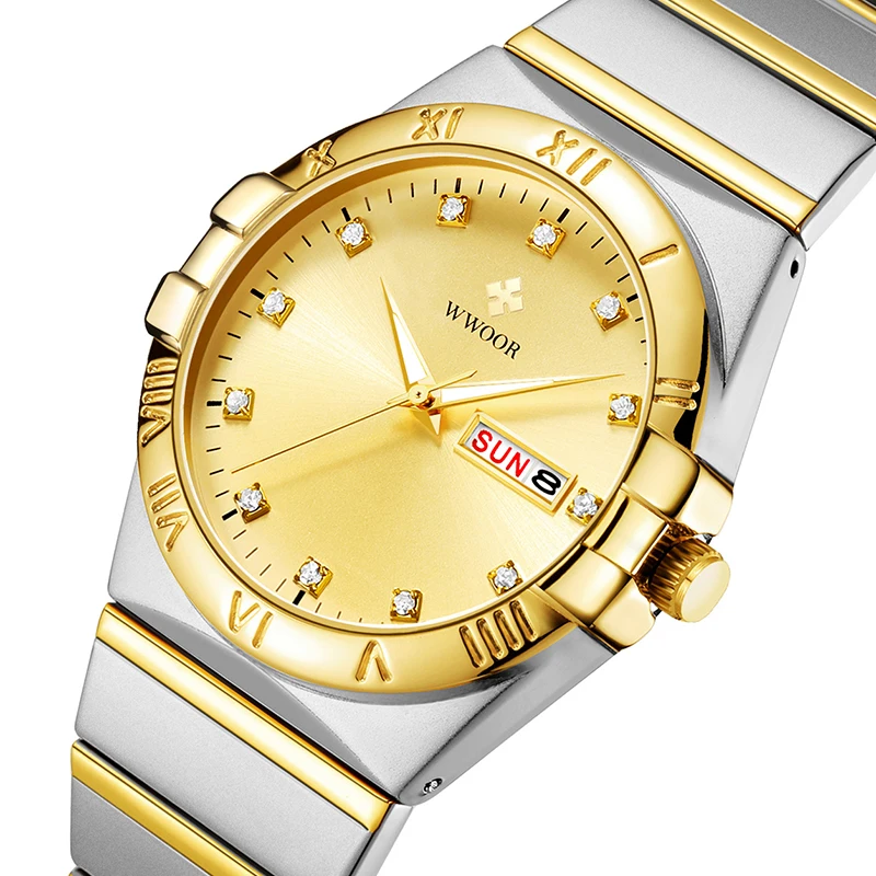 WWOOR New Gold Men Luxury Watch Full Steel Quartz Minimalist Diamond Wristwatch Luminous Watch For Men Fashion Relogio Masculino