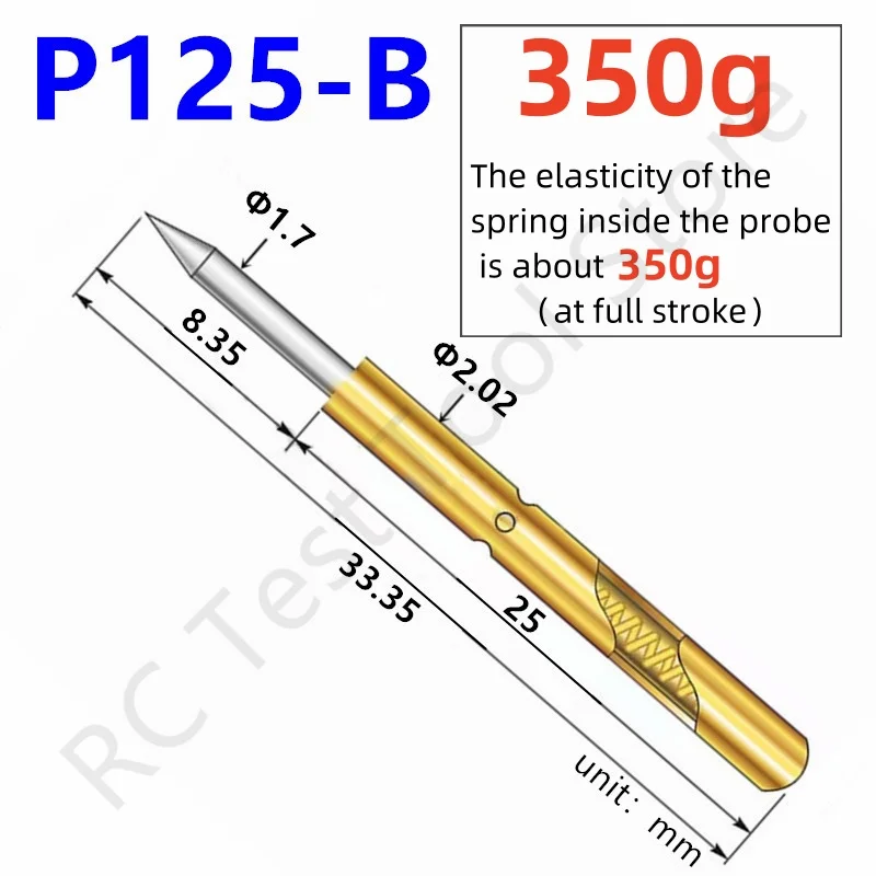 

20/100PCS P125-B1 Spring Test Probe P125-B Test Pin Test Tool 33.35mm Dia2.02mm Needle Tip Dia1.7mm Pogo Pin 350g Elastic Force