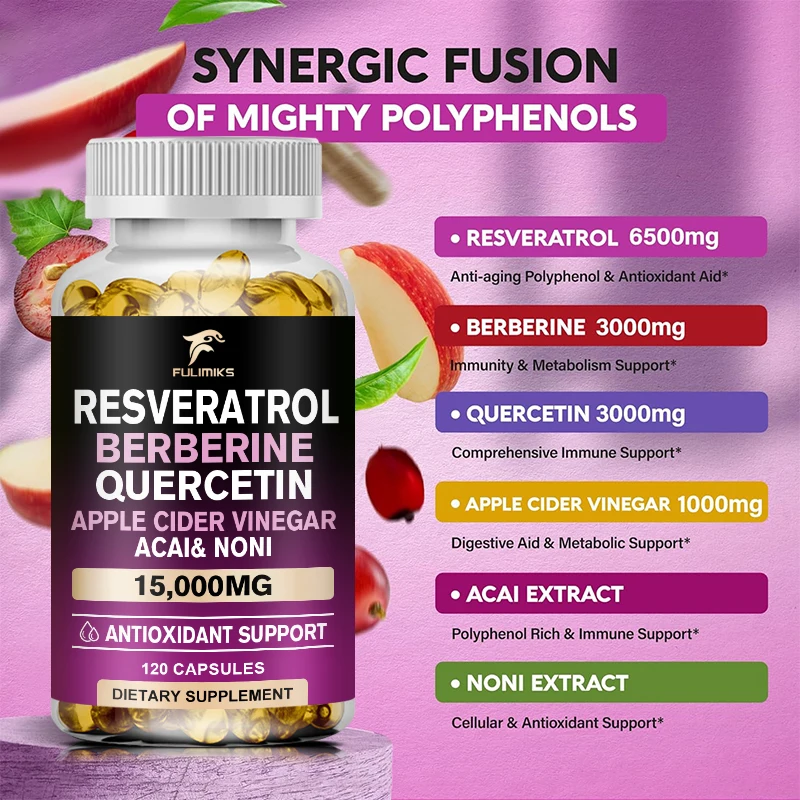 Capsules de Résveratrol, Berberine, Quercetin, vinaigre de cidre de pomme -Complexe de polyphénol 19 en 1, antioxydant, peau et métabolisme