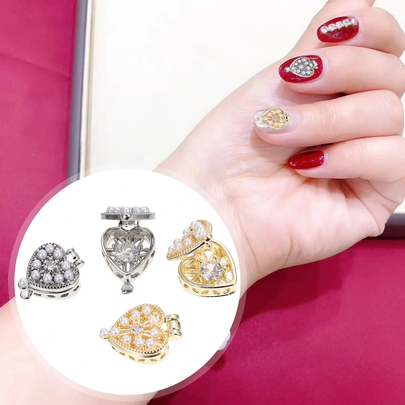 

4Pcs Heart Box Nail Art Studs Unique Creative DIY Zircon Manicure Patches Nail Decoration for Weddings Parties Anniversaries