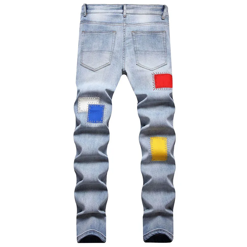 2023 New Men's Colorful Contrast Patchwork Jeans Men Straight Slim Casual Denim Pants Streetwear Hip Hop Jean Homme for Male