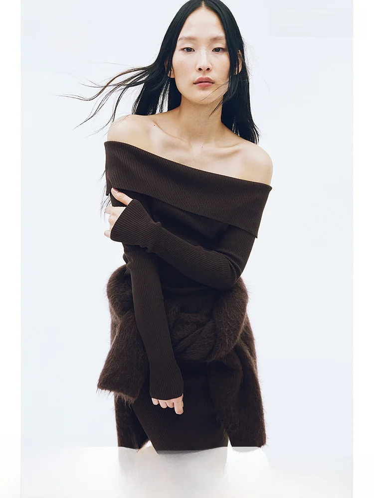 

Spring Women's Ribbed Knit oulder Bared Top Casual Fit Regular Thin H&M 237775 Comfortable Wear Polyester Blend