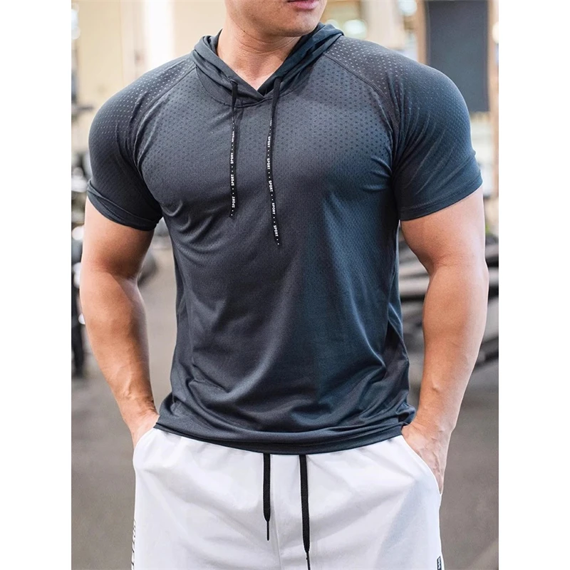 

Men's Hoodies Short Sleeve Tshirt Running Fitness Hoody Elastic Quick Dry Sweatshirts Summer Solid T-shirt with Hood Gym Hoodie