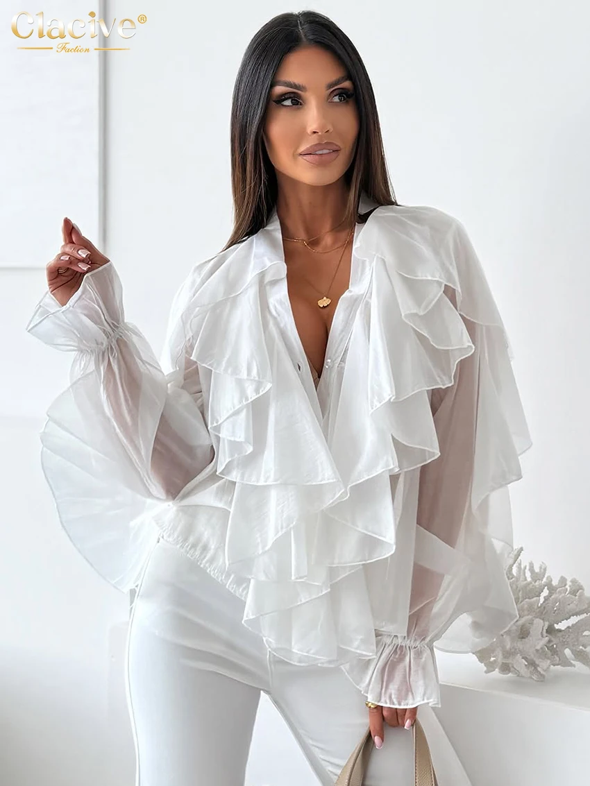 

Clacive Fashion Loose White Women's Shirt 2025 Sexy V-Neck Long Sleeve Shirts Elegant Classic Ruffles Solid Tops Female Clothing