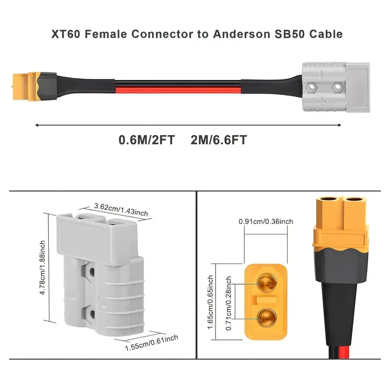 كابل محول XT60 ذكر إلى Anderson SB50 - 0.6 م/2 قدم 2 م/6.6 قدم، 36 فولت آمن، متين مقاوم للطقس لمقطورة التخييم RV #2
