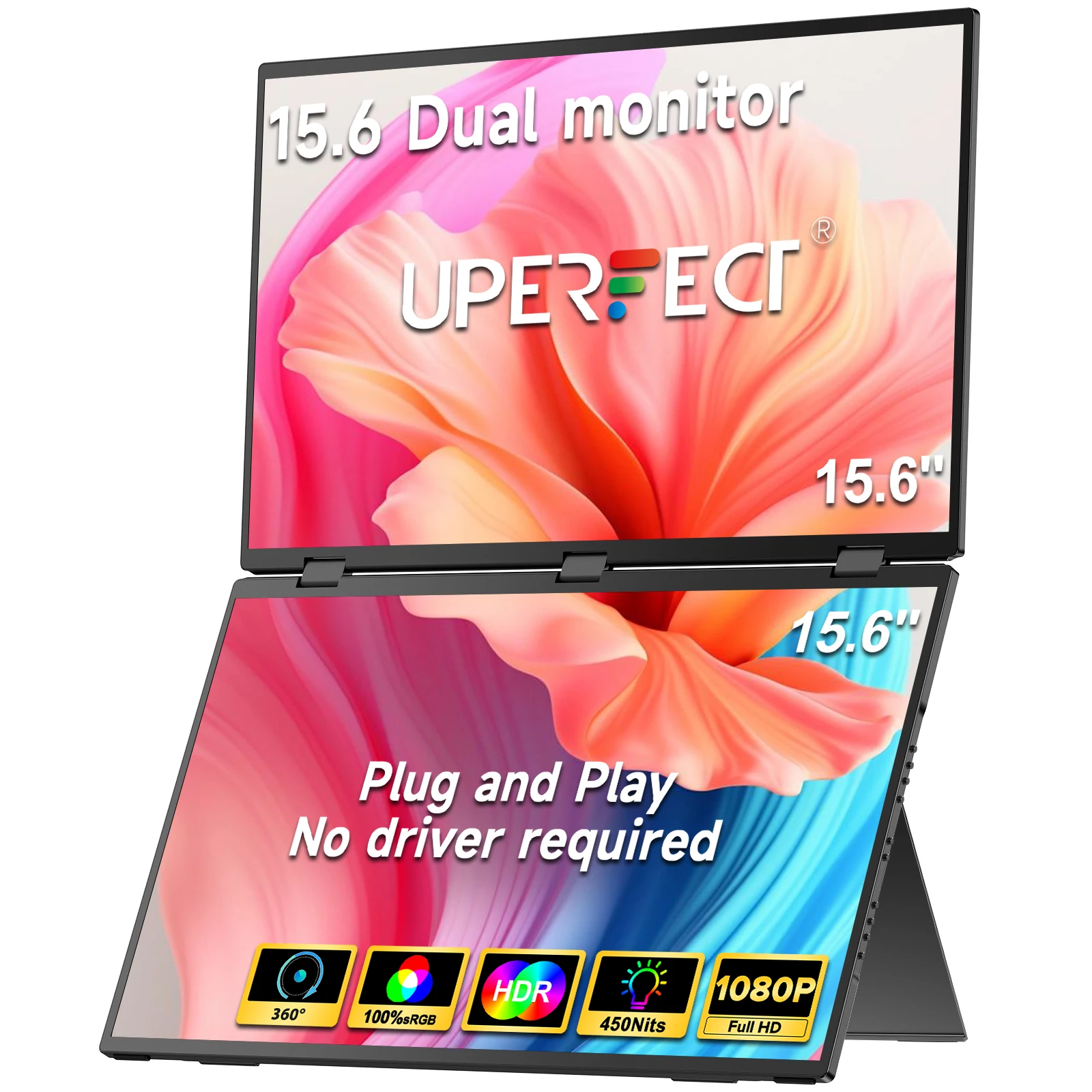 

UPERFECT Delta 15,6-дюймовый двойной монитор, портативный игровой тройной дисплей для ПК, экран ноутбука, 1080P HDR, складная регулировка для игровой консоли телефона