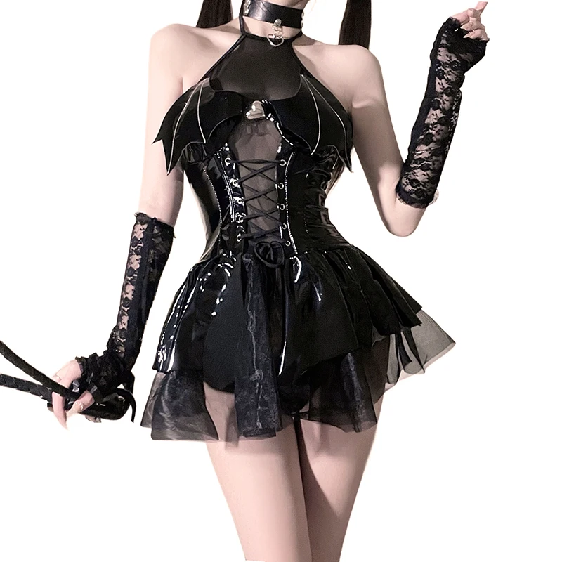

Kawaii Anime Girls Evil Demon Cosplay Dress Bat Wings Shiny PU Leather Costume Sexy Lolita Lace up Backless Game Maid Outfit