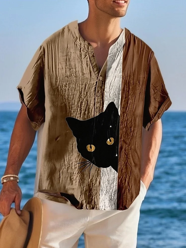 

Plus Size Japanese Abstract Black Cat Art Print Linen Blend Shirt Holiday Korean Fashion Shirts Oversized Summer 2026 Chic Tunic