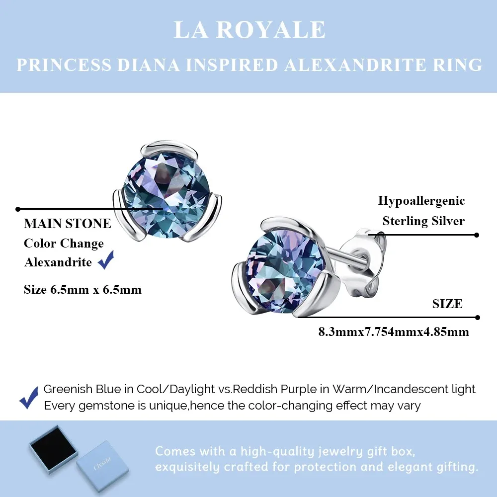 

Round Cut Alexandrite Solitaire Stud Earrings 925 Sterling Silver Women Jewelry Dainty Minimalist Wedding Gift Elegant Nice Chic