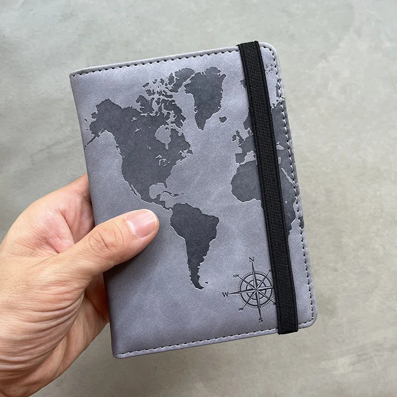 funda para pasaporte personalizada con bloqueo Rfid, brújula del mapa del mundo con banda elástica, soporte para pasaporte esencial de viaje