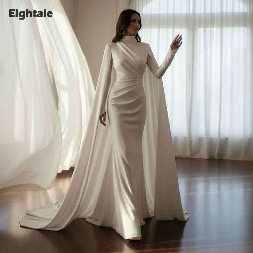 

Eightale арабское свадебное платье с высоким воротом, индивидуальное атласное платье цвета слоновой кости с высоким воротом и длинными рукавами, свадебное платье русалки для невесты