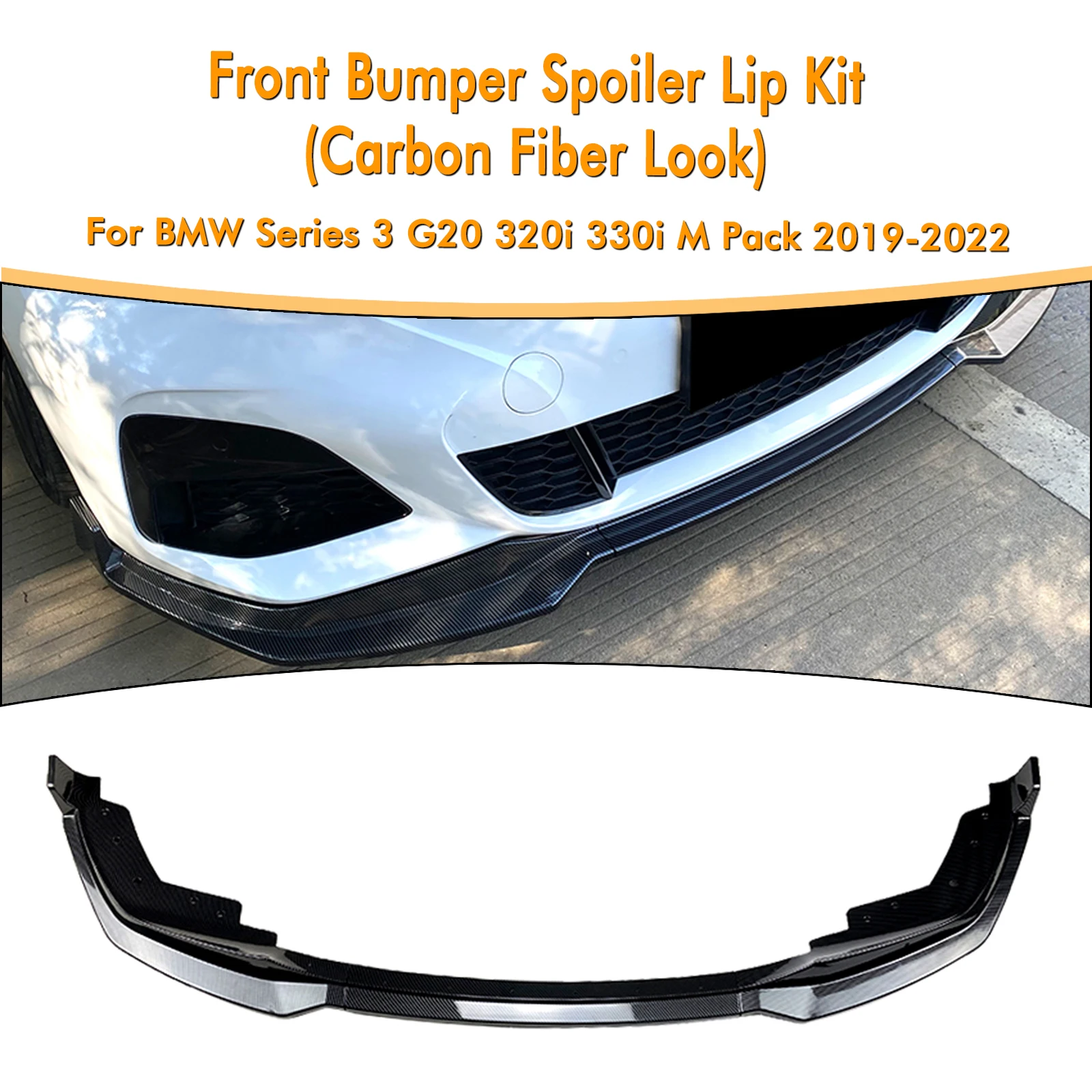 

For BMW Series 3 G20 320i 330i M Pack 2019-2022 Front Bumper Spoiler Lip Carbon Fiber Look/Gloss Black Lower Splitter Protector