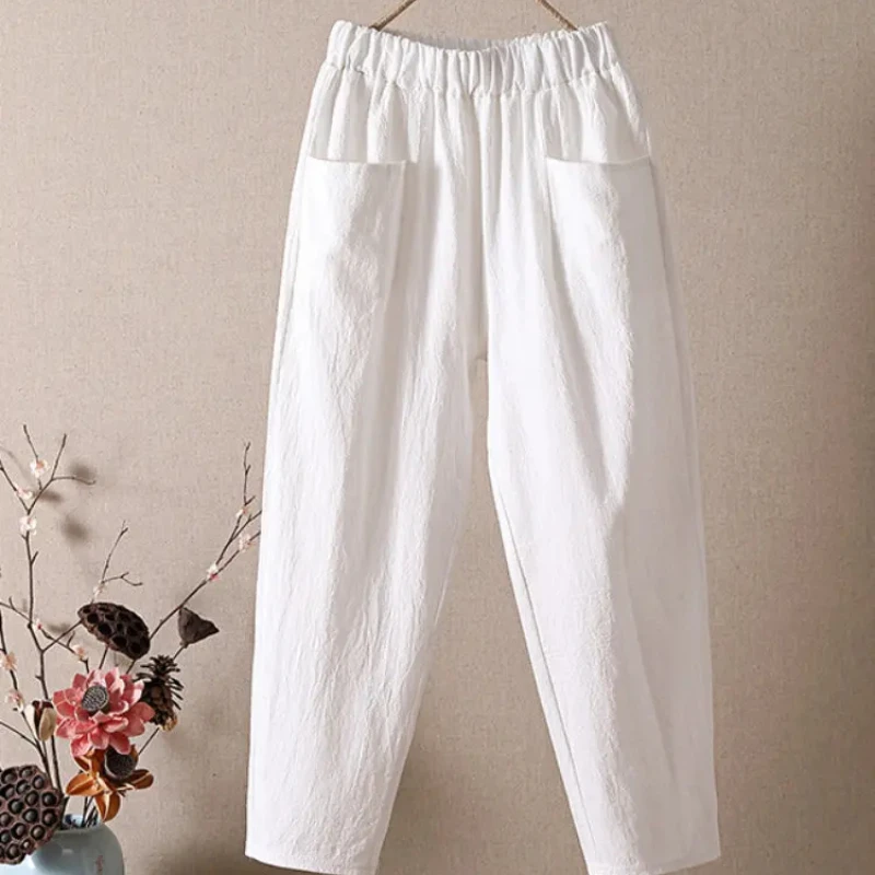 

Calf-length Harun Pants Women's Thin Cotton Elastic Waist Radish Trousers Casual Loose High Waist Cropped Women's Pants SQ81