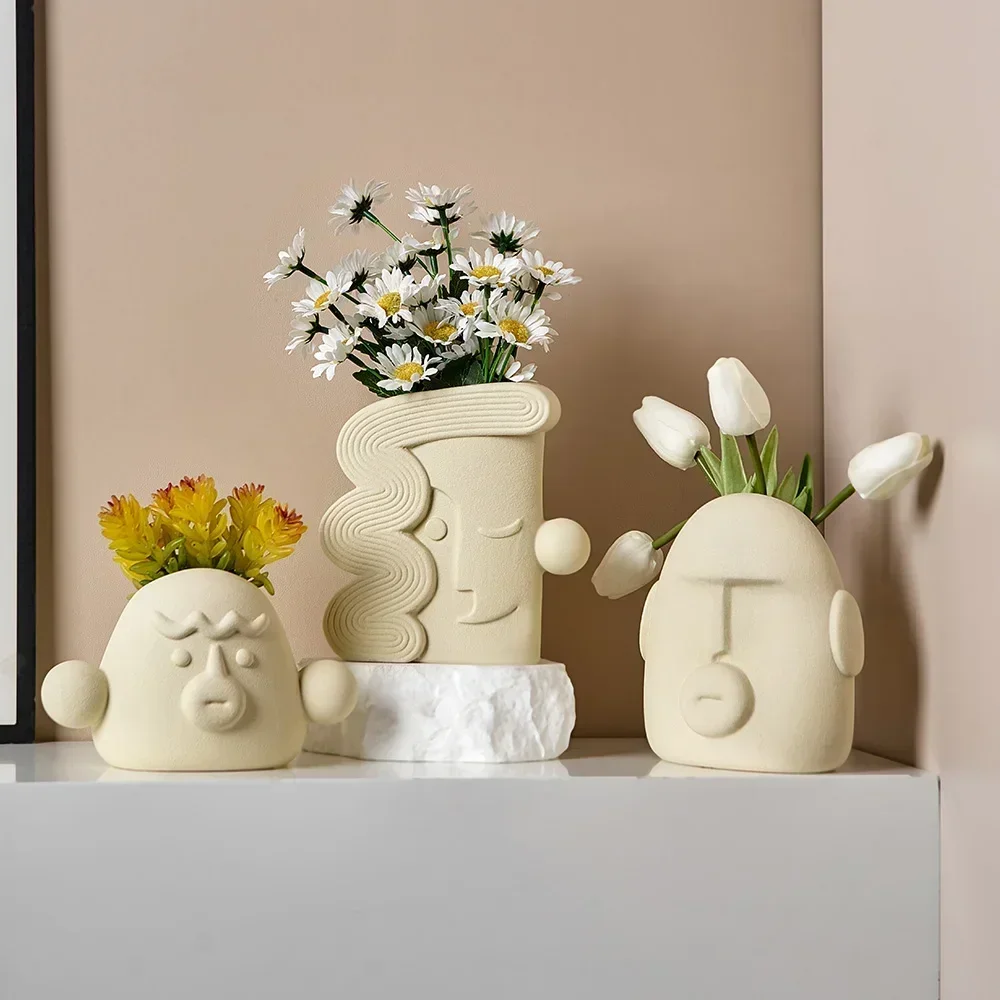 Creative Living Room Desktop Ornament Planters Nordic Home Decoration Art Abstract Face Ceramic Vase Interior Flower Pot Vase