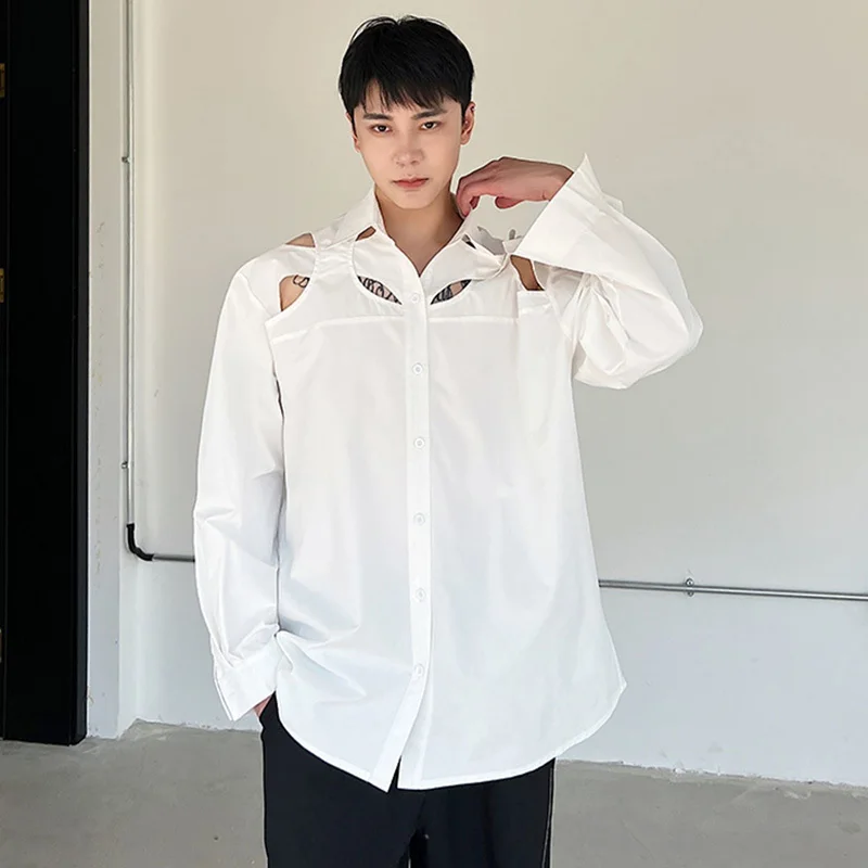 IEFB Hollow Out Design Long Sleeved Shirt Loose Style Casual Korean 2023 New Fashion Solid Color Turn-down Collar Casual 9A3223