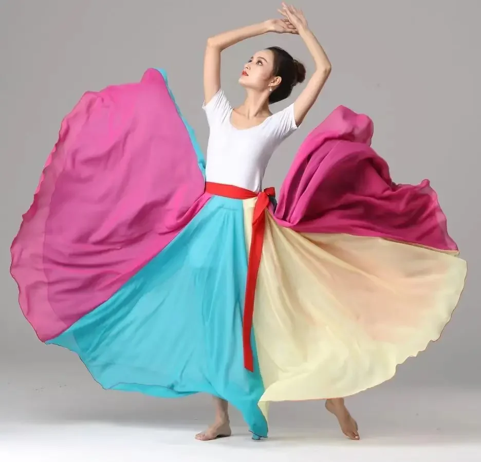 720 degree 8-color Patchwork Single Layer Chiffon Classical Dance Large Swing Bullfighting Flamenco Dance Lace Up Rainbow Skirt