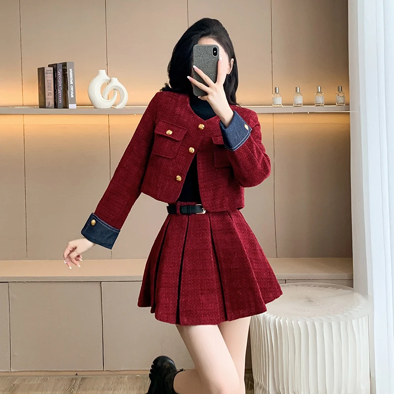 

Luxury Korean Fashion Vintage Women Autumn Winter Tweed 2 Piece Set Short Coat Outwer+Casual Party Mini Skirts Sets