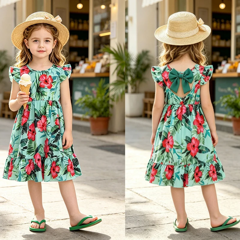 Hibiscus Leaf Pattern Girls Summer Dress 4-7 Years Round Neck Flutter Sleeve Back Cutout Bow A-Line Sundress