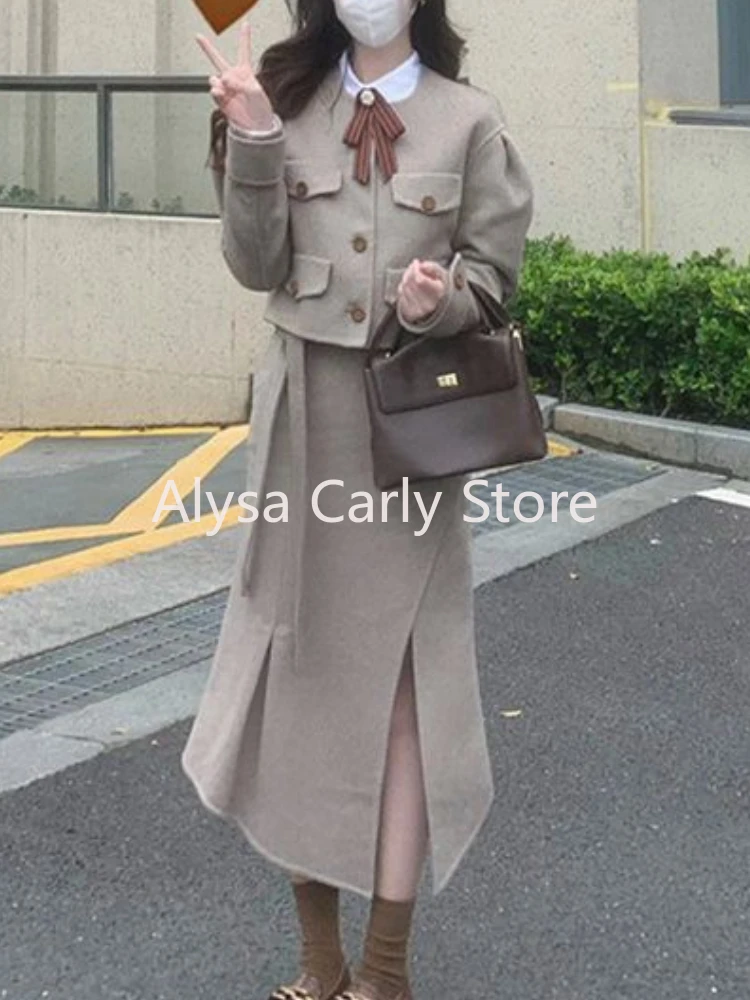 Japan Uniform Two Piece Set Women Winter Warm Cropped Coat Elegant Midi Skirt Set Fairy Sweet Vintage Casual Party Skirt Set New