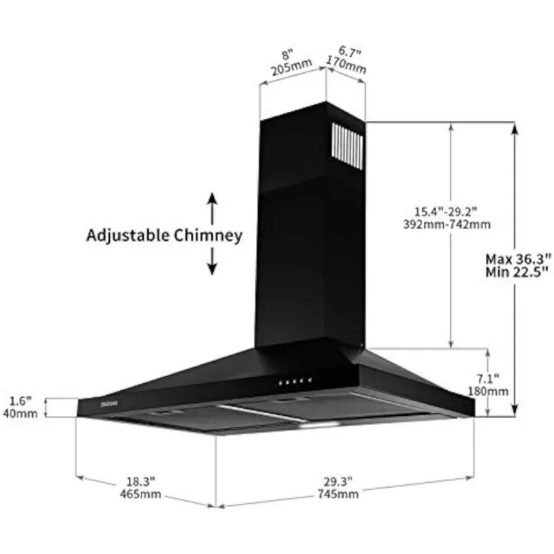 HAOYUNMA Black Range Hood,Wall Mount Range Hood with Ducted/Ductless Convertible,Stainless Steel Kitchen Vent Hood