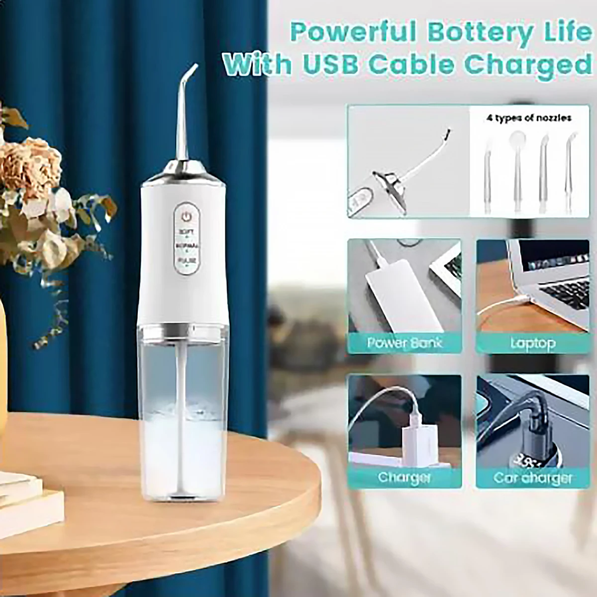 Dental Floss, Portable Cordless Oral Irrigator Cleaning 3 Modes, Waterproof Rechargeable Dental Cleaner, with 4 Nozzles