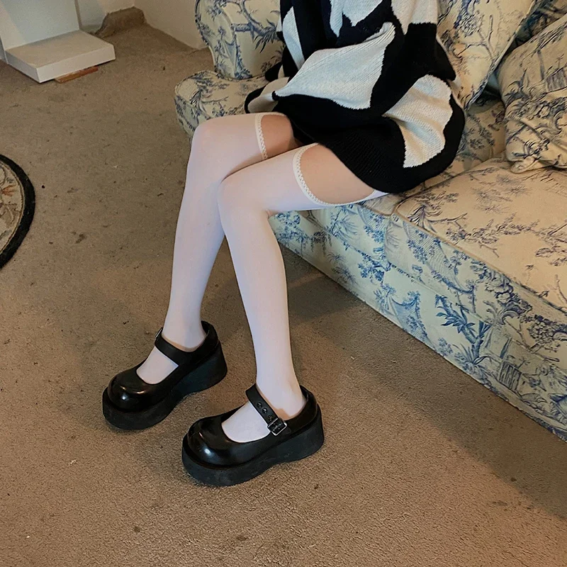 

Women White Sexy Stockings With Belt Suspender Wide-banded Tights Lolita Thigh High Stockings With Garters Over The Knee Socks