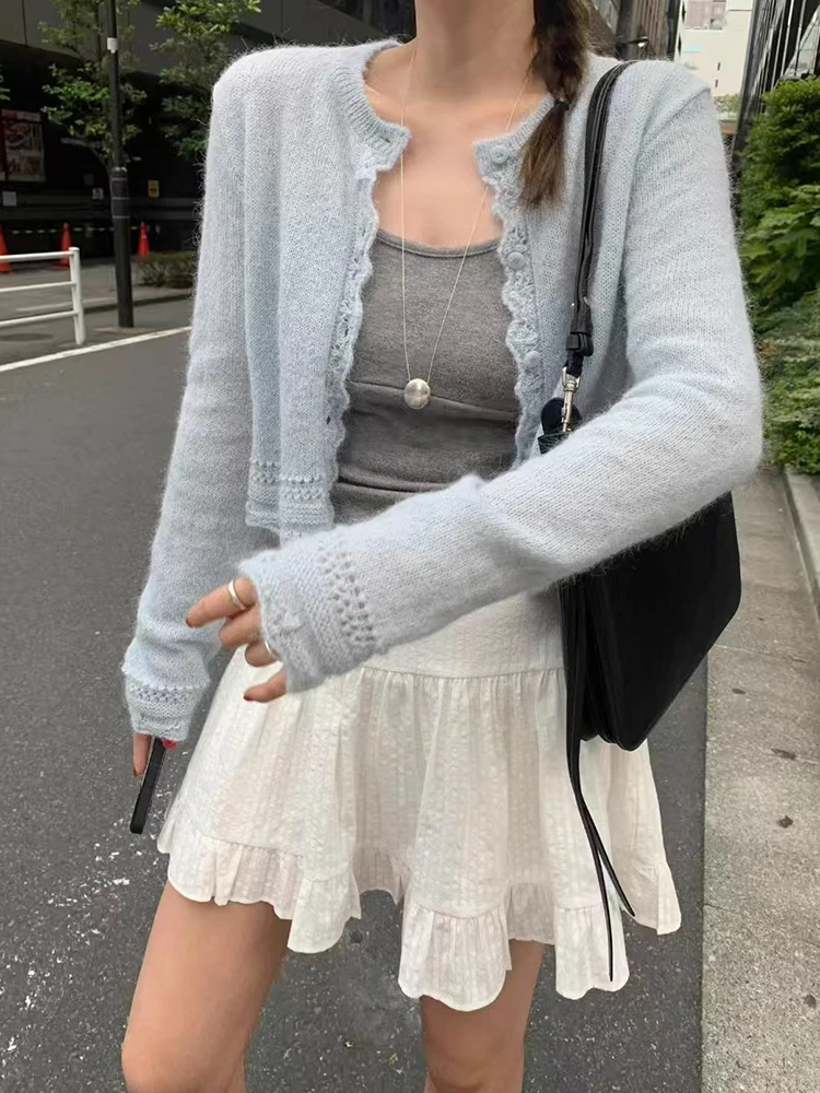 เสื้อโค้ทไหมพรมถักลายฉลุเก๋ไก๋ ดีไซน์ลูกไม้ทรงกลม สไตล์เกาหลี เหมาะสำหรับเดินทาง ผู้หญิง ทรงปกติ ผ้าบางเบา