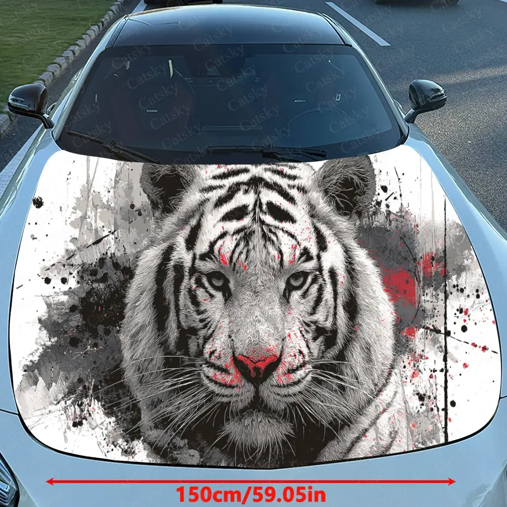 Tiger Face & Black White Blood Splatter Car Vinyl Wrap, PVC Waterproof Car Hood Sticker, Self-Adhesive Scratch-Resistant Sticker