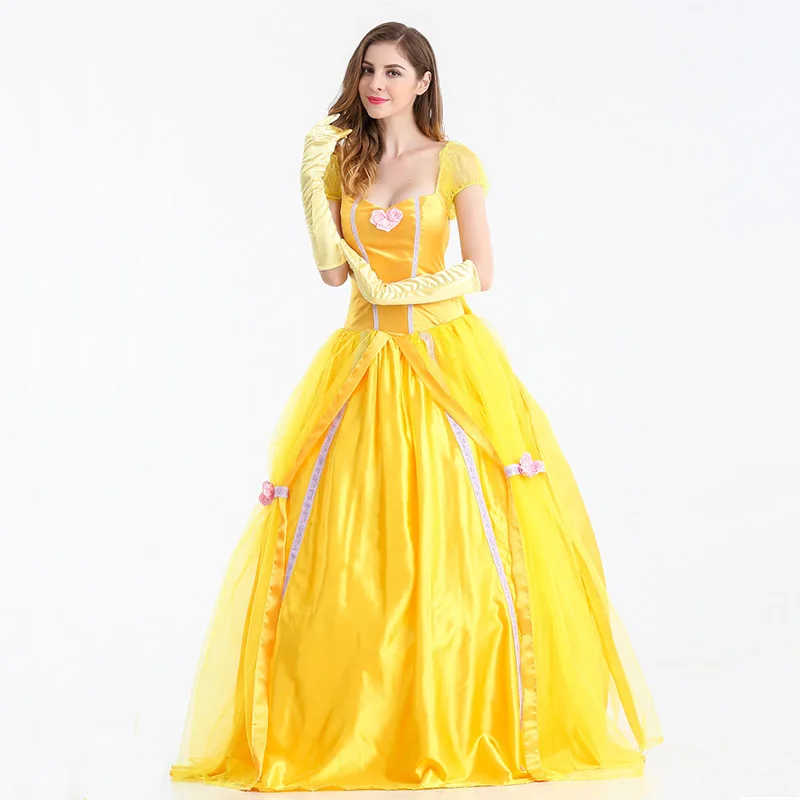 

Women Classic Dress Fancy Dresses Up Yellow Ball Gown With Gloves Halloween Costume Adult Beauty Princess Cosplay