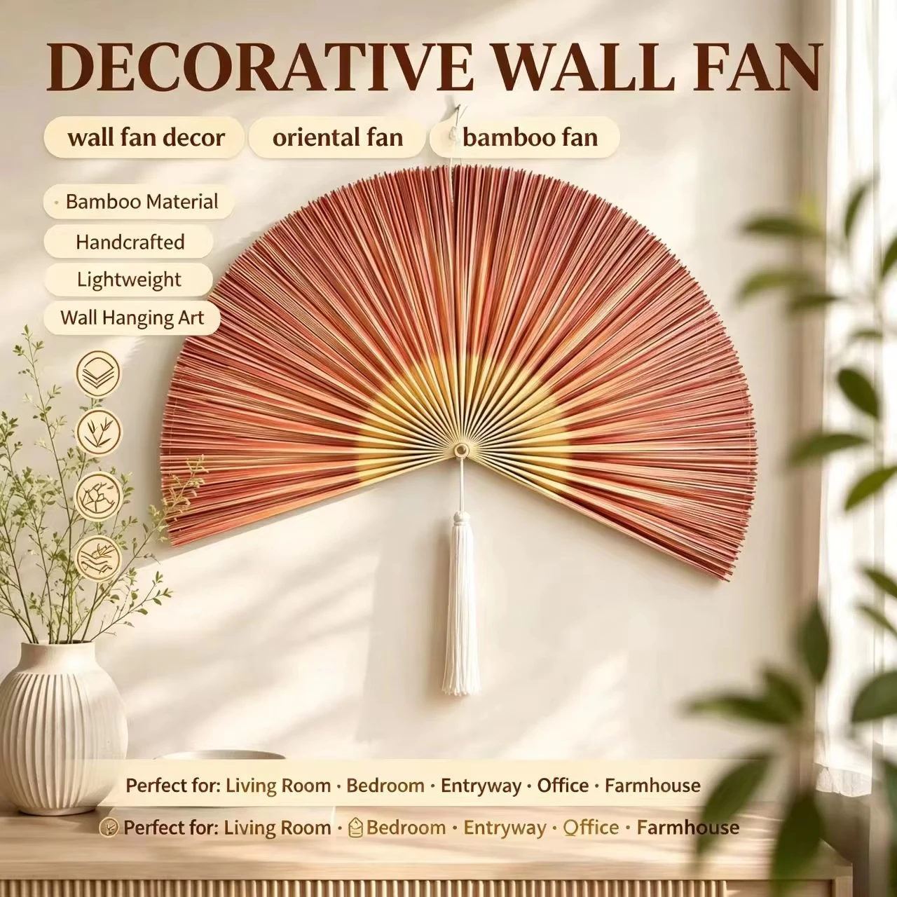 New Chinese Style Handwoven Bamboo Wall Hanging Fan, Vintage Oriental Decor Fan for Homestay, Tea House, Wedding Wall Decoration
