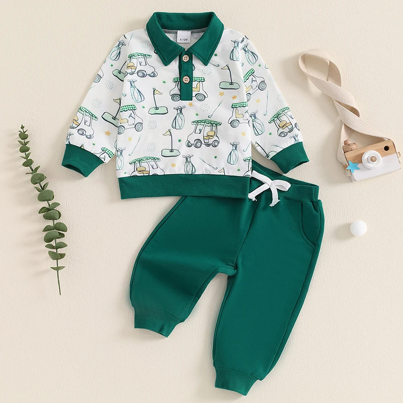 

Boys Autumn 2PCS Outfit Sets Long Sleeve Lapel Golf Print Tops Solid Color Pants Sets