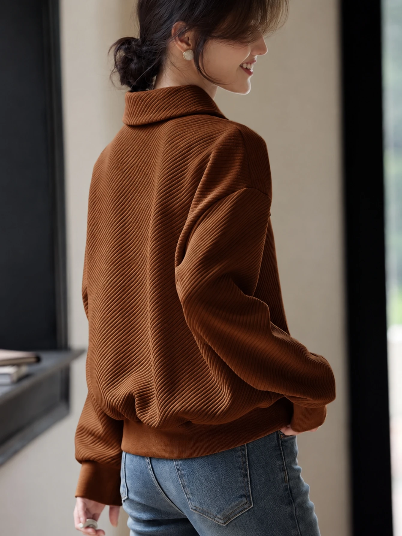 Women Asymmetric Shawl Collar Sweatshirt Long Sleeve Frog Button Textured Knit Loose Fit Autumn Casual Pullover Tops