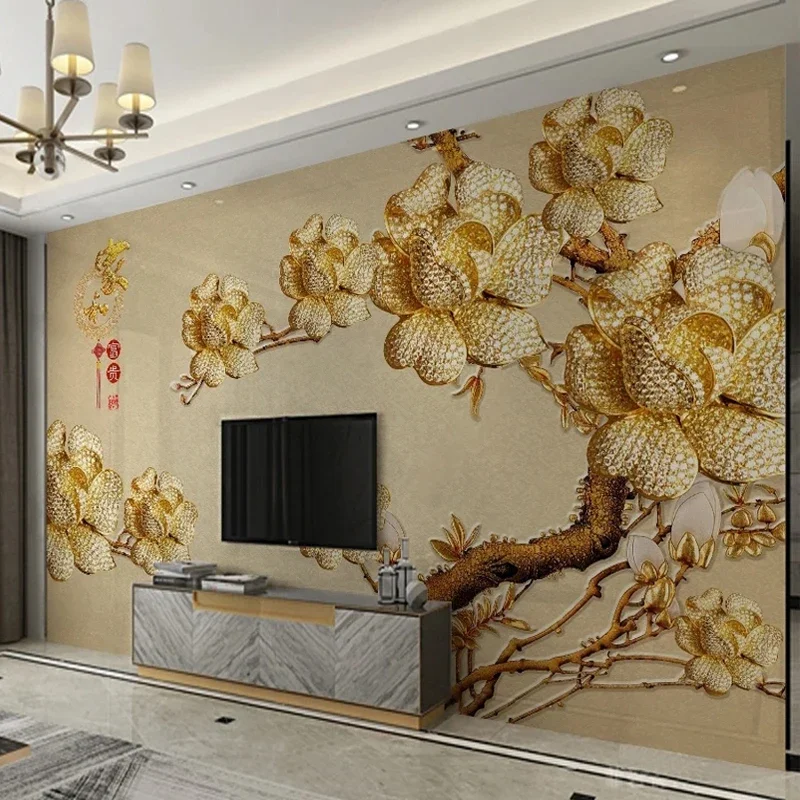 

Custom Size Camellia Flowers Gold Inlaid Diamond 3D Relief Jewelry Mural Wallpaper for Bedroom Living Room TV Background Decor