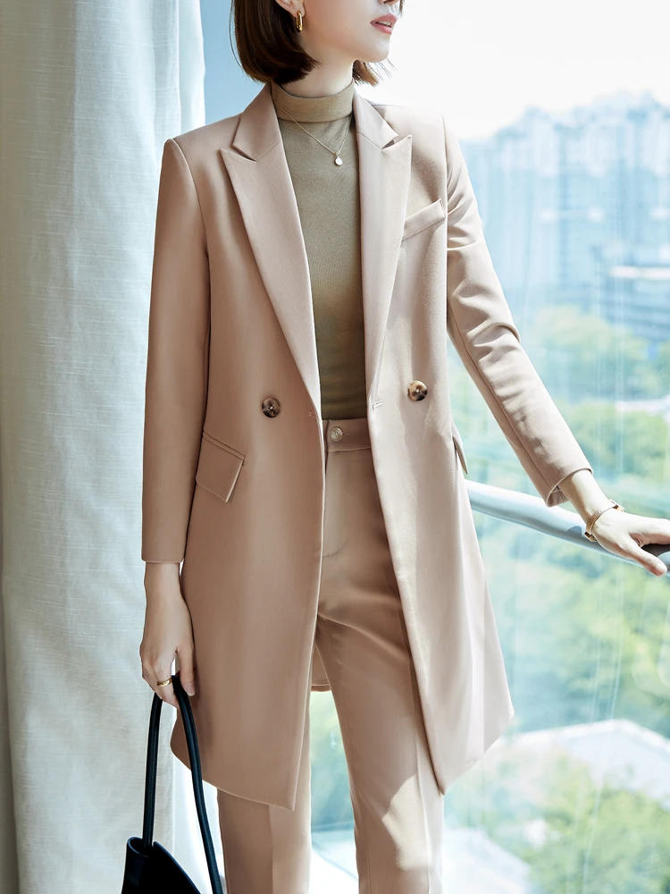 Quality Autumn Winter Formal Korean Ladies Office Lengthen Blazer Women Suits Work Wear Pants Jacket Leisure Jacket 2-piece Set