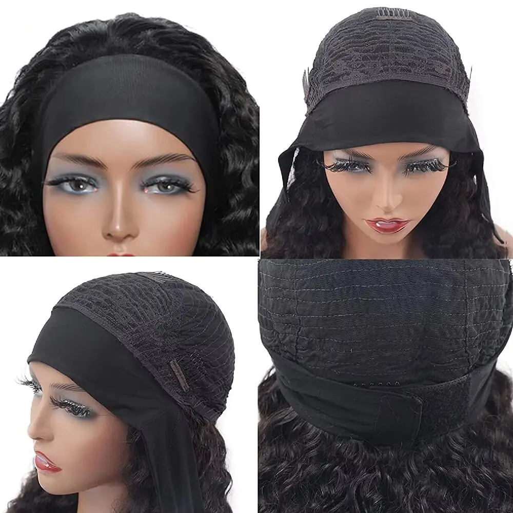 Deep Wave Hoofdbandpruik van Echt Haar, 200% Dichtheid, Pruiken voor Vrouwen, Echt Haar Pruiken, Volledig Machine Gemaakt, Natuurlijk Zwart Haar - afbeelding 1