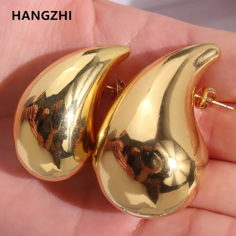 

HangZhi Huge Size 5CM Water Drop Earring for Women Brass Chunky Hollow Smooth Exaggerated Thick Large Jewelry 2023 New Design